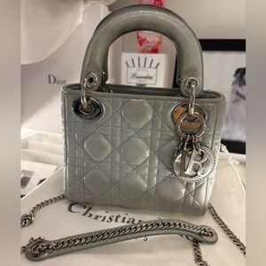 Authentic Lady Dior iridescent Mini Bag with Quilted Leather and Silver Hardware